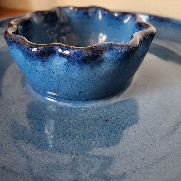 Salsa & chips party platter plate handmade blue glaze pottery Mexican style flut - Picture 3 of 4